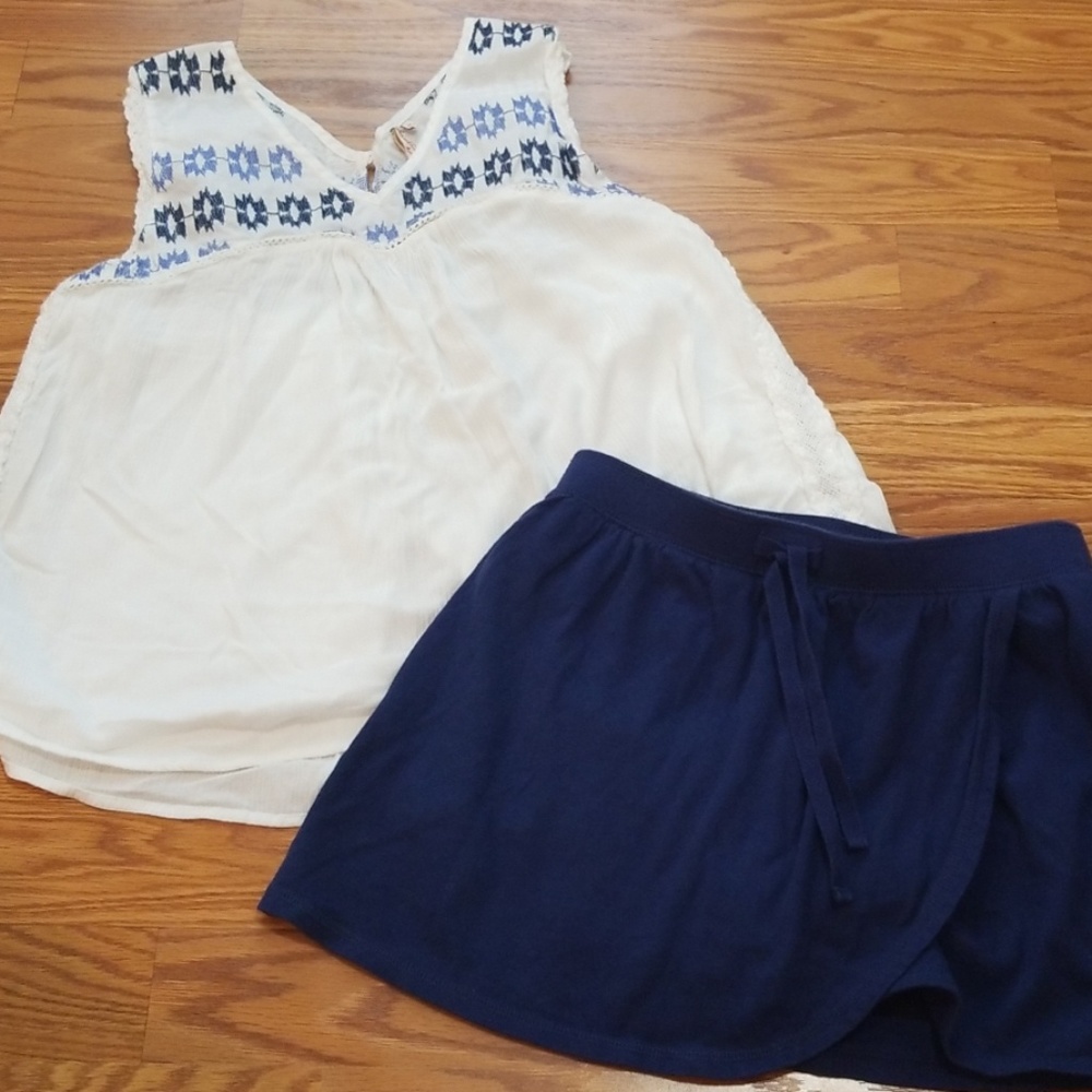 White Blue embroidered tank top Navy skort outfit